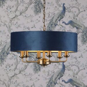 Sorrento, 6 armet taklampe i antikk messing med blå fløyelsskjerm