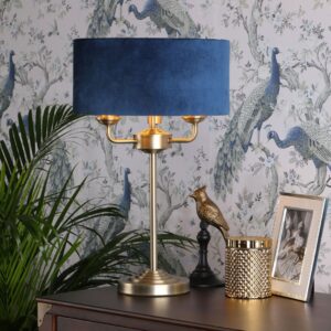 Sorrento, bordlampe i antikk messing og blå fløyelsskjerm