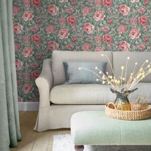 Wild Roses,  nostalgisk tapet i grønt med roser fra Laura Ashley