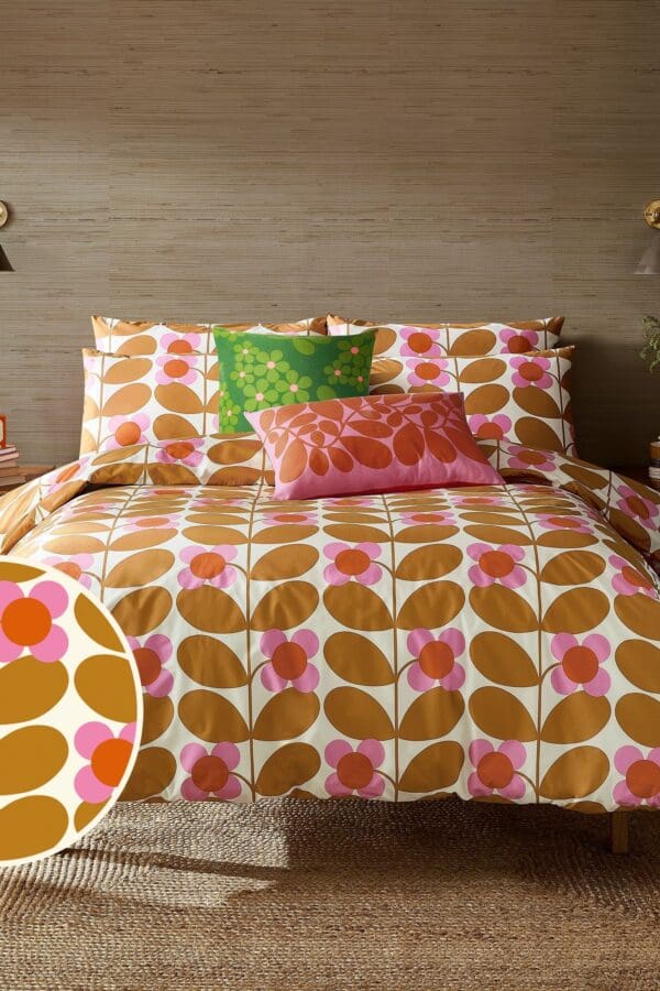 Orla Kiely Stem Bloom retro sengesett i orange og rosa