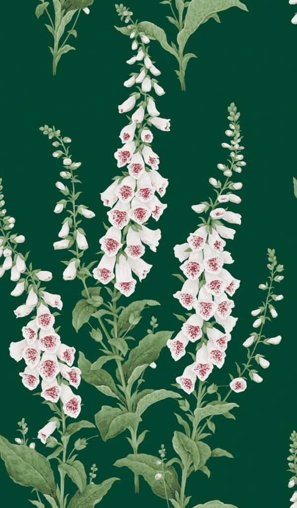 Foxglove Emerald, smaragdgrønn tapet med hvite revebjeller - Bilde 2